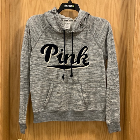 PINK Victoria's Secret Tops - PINK Victoria’s Secret Heather Grey Hoodie w/black & white logo